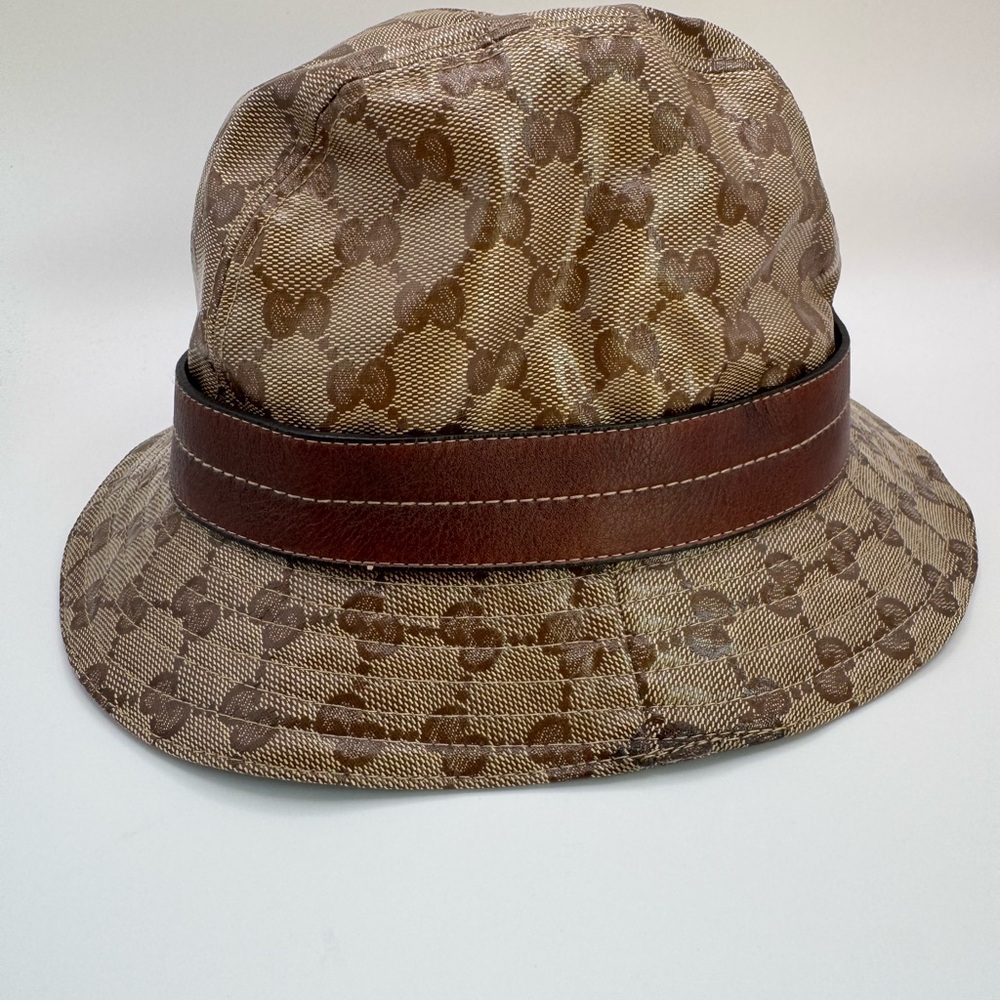 Gucci GG Monogram Bucket Hat Brown Canvas Leather Crest Logo Italy M - Picture 3 of 5